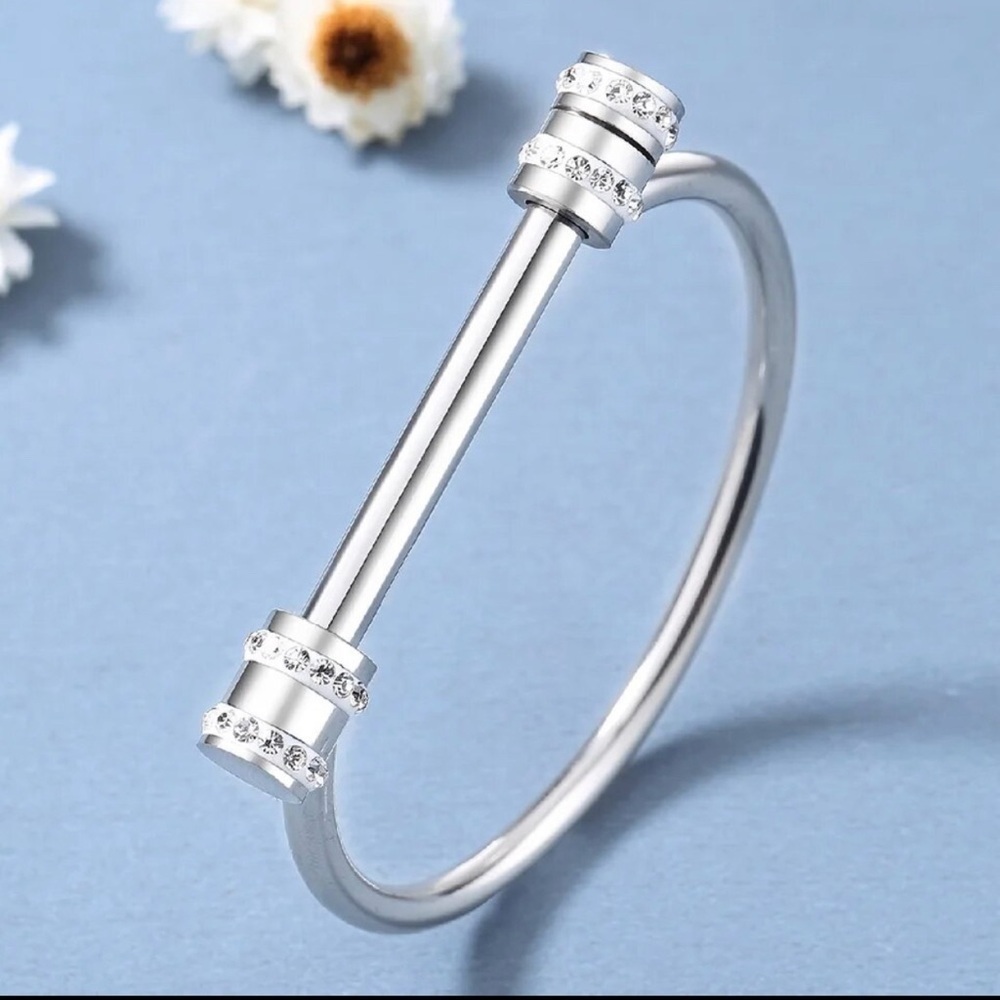18K White Gold (Rhodium) Unisex Shackle With Diamond Accent Cuff Bangle Bracelet